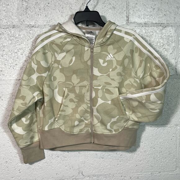 ADIDAS Essentials 3-Stripes Girls Zip-Up Hoodie tan camo Small - Picture 1 of 8
